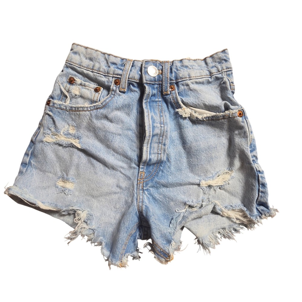 Zara High Waisted Cut Off Shorts 0 Distressed Denim Light Wash Beach Coastal